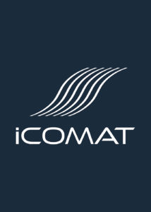 icomat logo white on blue back 